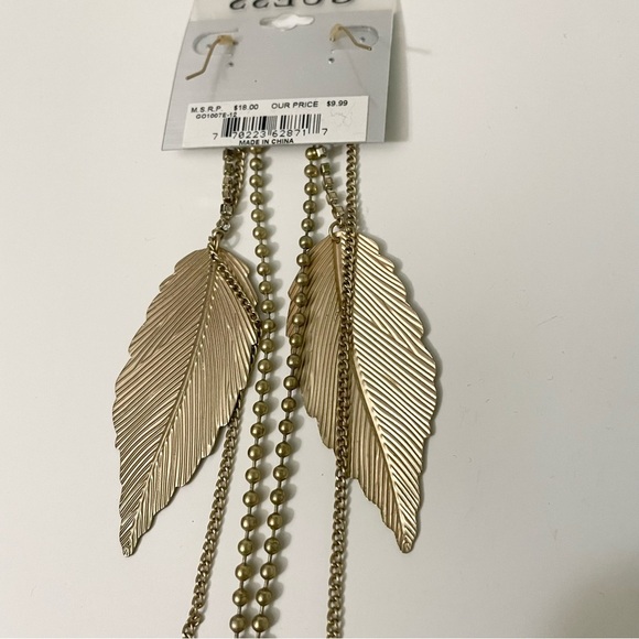 Guess Gold Tone Leaf and Chain Statement Dangle Earrings - Picture 9 of 12